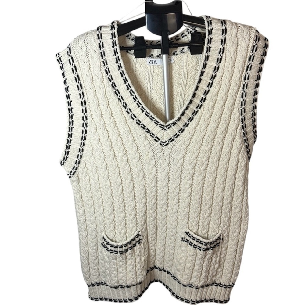 Zara Cream V-Neck Cable Knit Sweater Vest Size Large Old Money Sophisticated - Picture 7 of 7